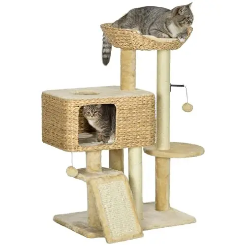 Produktbild: PawHut Katzen Kratzbaum 98 cm Katzenbaum mit 2 Leigefläche, Kratzsäulen, Kletterbaum Spielball, Katzenmöbel mit Katzenhöhle für Katzen bis 6 kg, Sisal, Wasserhyazinthe, Beige
