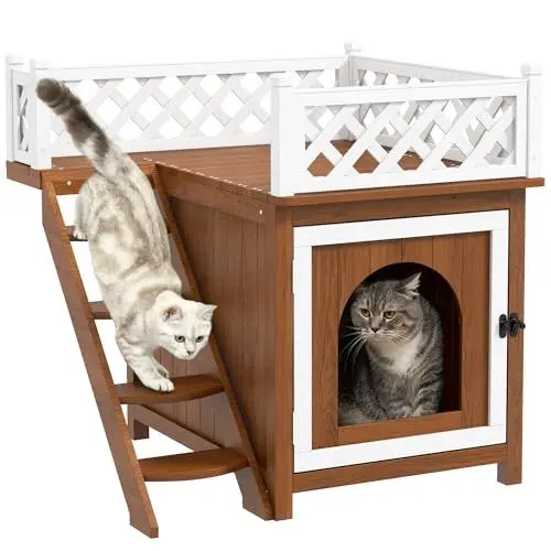 Produktbild: PawHut Katzenhöhle, Katzenhütte aus Tannenholz, Katzenhaus mit Balkon, Treppe, für Katzen, Kaninchen bis 6 kg, Indoor, Outdoor 67,5 x 63 x 68,5 cm, Braun