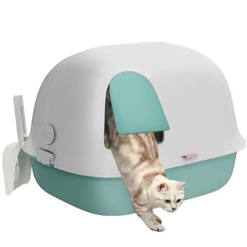Produktbild: PawHut Katzentoilette mit Deckel, Katzenklo mit Sieb, Tür, Schaufel, geschlossen Katze Toilettenhaus für kleine Katze unter 3,5 kg, Indoor, Kunststoff, Grün