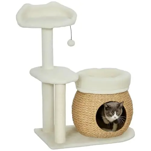 Produktbild: PawHut Kratzbaum 79 cm Katzenbaum mit Katzenhöhle, Bett, Spielbälle, Katzenkratzbaum mit Sisal-Kratzsäulen, für Katzen bis 5 kg, Cremeweiß
