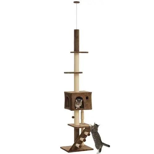 Produktbild: PawHut Kratzbaum Deckenhoch, Katzenbaum, 225-265 cm Katzenkratzbaum mit Katzenhöhle, Kratzstämmen, Spielball, Katzenmöbel mit Kippschutz, Braun