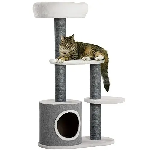 Produktbild: PawHut Kratzbaum Katzenbaum 98 cm Kletterbaum mit Kratzbrett, Katzenkratzbaum mit Katzenhöhle, 3 Plattformen, Katzenmöbel, Grau+Weiß