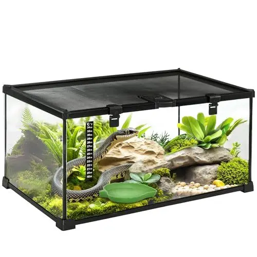 Produktbild: PawHut Terrarium für Reptilien Reptile Fütterungsbox Glasterrarium Amphibien Spinnentiere mit Thermometer Reptilienzuchtbox Metall Schwarz 50 x 30 x 25 cm