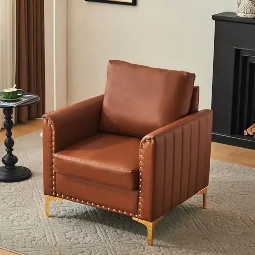 Produktbild: Pawom Moderner PU-Lederstuhl, Chesterfield-Sessel, Lounge-Sessel, Ohrensessel, Einzelsessel, Lesesessel, Einzel-Sofasessel mit Kissen, stilvolle Nieten mit roségoldenen Metallbeinen