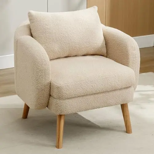 Produktbild: Pawom Moderner, Schlichter Teddy-Samt-Sessel mit Kissen, extra Dicker Kissen-Sessel, einzelner Sofa-Sessel, gepolsterter Sessel, Freizeit-Stuhl, Massivholz-Beinstuhl, Beige