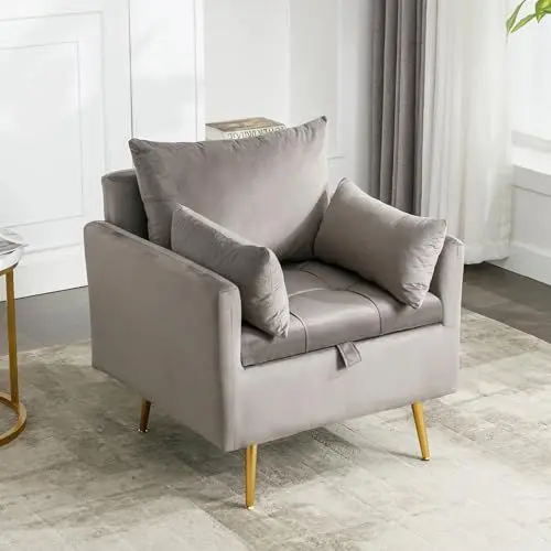 Produktbild: Pawom Moderner, minimalistischer Samtstuhl, Sessel, Ottomane mit Stauraum, Dekokissen und Armlehnen-Loungesessel mit goldenen Metallbeinen, Grey