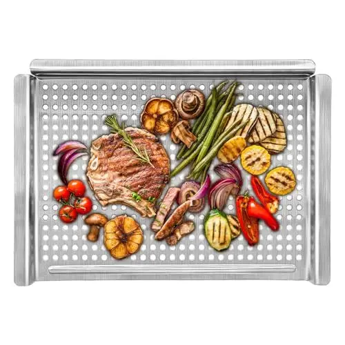 Produktbild: PAXLINSEN Grillkorb, Grillschale mit gelochtem Boden zum Grillen von Gemüse und Fleisch, 45 x 30 cm Grillschale Edelstahl sind Grillzubehör für Gas-, Elektro- und Kohlegrill