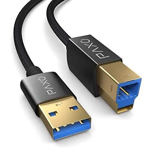 Produktbild: PAXO 2m Nylon USB 3.1 (USB 3.0) Druckerkabel, schwarz, USB A Stecker auf USB B, Ladekabel, Datenkabel, Goldstecker