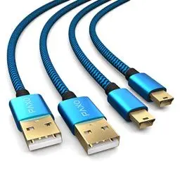 Produktbild: PAXO 2 x 4m Ladekabel für PS3 Controller, USB auf Mini USB Kabel lang, geflochtene Kabel (braided), vergoldet, blau/schwarz