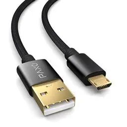 Produktbild: PAXO 2m Nylon Micro USB Kabel schwarz, USB auf Mikro USB Ladekabel, Goldanschlüsse, elegante Alluminiumstecker, Stoffmantel & Klettband