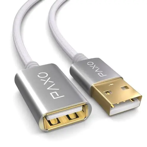 Produktbild: PAXO 5m Nylon USB 2.0 Verlängerung weiß, A-A Verlängerungskabel, Aluminiumstecker, Stoffmantel
