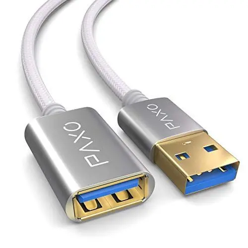 Produktbild: PAXO USB Verlängerung 1m, 10 Gbit/s (1,25 GByte/s), USB 3.2 Gen2 (3.0, 3.1), USB Verlängerungskabel, A-Stecker auf A-Buchse, weiß, Stoffmantel