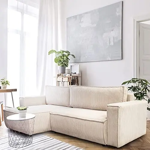 Produktbild: payé Ecksofa mit Schlaffunktion Beige 287x145x75cm, Cord Stoff, Moderne Eckcouch für Wohnzimmer mit Rückenkissen Schlafsofa