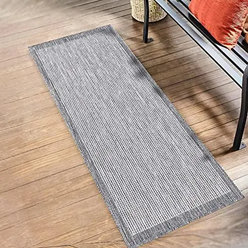 Produktbild: payé Outdoor Teppich Wetterfest - 60x110cm - Grau Weiß - Bordüre - Teppiche für Terrasse Balkon Garten Indoor