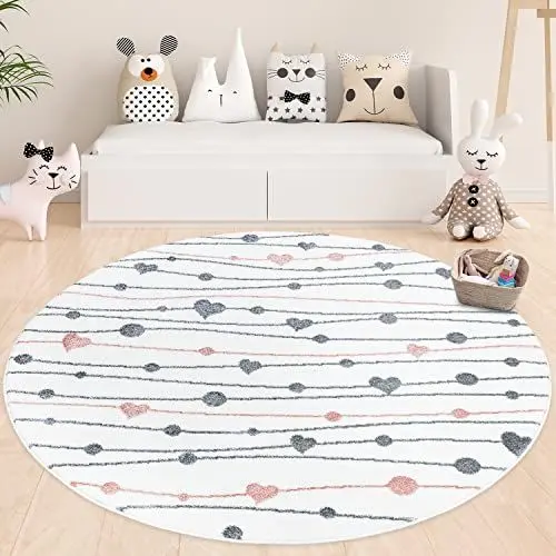 Produktbild: payé Teppich Kinderzimmer Rund - Cream - 160x160cm - Spielteppich Pastellfarben Bunte Herze Punkte Kinderteppich Kurzflor Weich