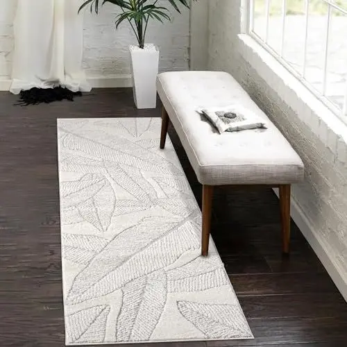 Produktbild: payé Teppich Läufer - 80x150cm Creme-Grau Bodenbelag Hochtief Struktur Flachflor - Florales Muster Boho Design Wohnteppich