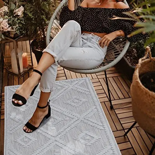 Produktbild: payé Teppich Läufer - Silber Grau - 80x250cm - Boho Deko Teppiche für Balkon Terrasse Garten - Indoor Outdoor Schlafzimmer Esszimmer - Hochtief 3D Effekt