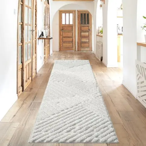 Produktbild: payé Teppich Läufer fürs Flur - 80x300cm - Hochflor - Boho - Pastell Creme - Einfarbig - Modern Streifen Muster- Skandinavisch Flauschig Weich - Schlafzimmer