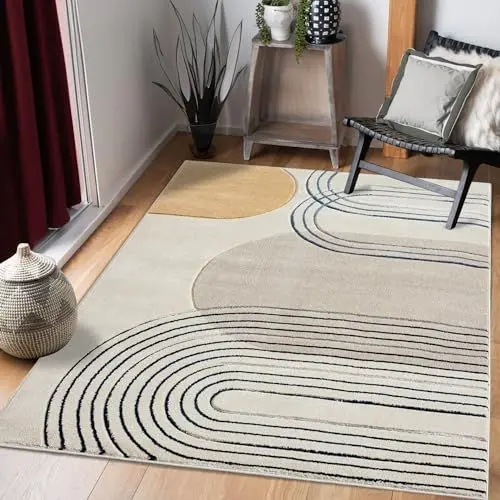 Produktbild: payé Teppich Wohnzimmer Kurzflor Beige - 120x170cm - Boho Geometrisch Modern Skandinavisch Wohnteppich Schlafzimmer