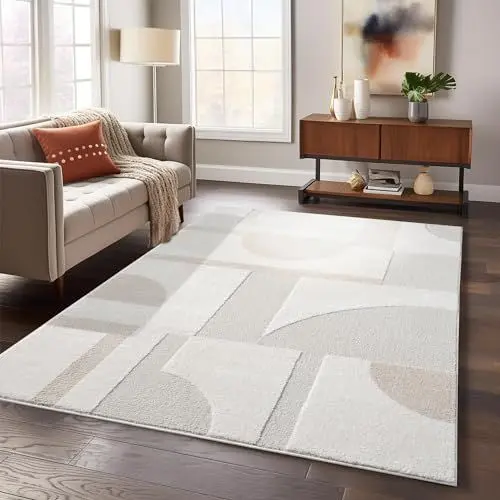 Produktbild: payé Teppich Wohnzimmer - 140x200cm Creme Hochtief Struktur Flachflor - Geometrische Muster Boho Wohnteppich
