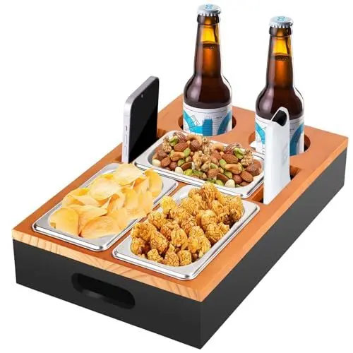 Produktbild: PBWZF Couchbar Snackbox mit 3 XXL Edelstahlschalen & 2 Getränkehalter, 2-in-1 Snackbox und Tablett Serviertablett aus Natürlichem Bambus, Eleganter Couch Bar Sofa Couch Butler für Wohnzimmer Picknick