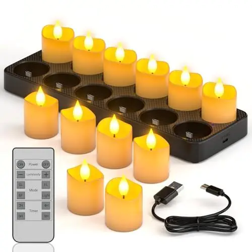 Produktbild: PChero 12er Set LED Teelichter Wiederaufladbar mit Fernbedienung Timer, Elektrische Kerzen Aufladbar Flackernd mit Timerfunktion und Ladestation für Halloween, Weihnachten, Zimmer und Party Deko