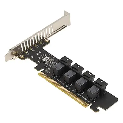 Produktbild: PCI Erweiterung auf U.2 Adapterkarte, PCIe X16 auf 4 Port U.2 NVME SFF 8643/8639 Erweiterungskarte, Hochgeschwindigkeits PCIE Split Erweiterungskarte mit LED Anzeige für