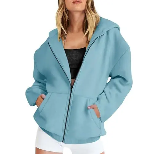 Produktbild: PcLeam Hoodie Damen Winter Jacken Casual Sweatjacke Full Zip Jacke Mit Kapuze College Sweatshirt Zipper Kapuzenjacke Langarm Sportjacke Lockere Damenjacken üBergang(Hellblau,L)