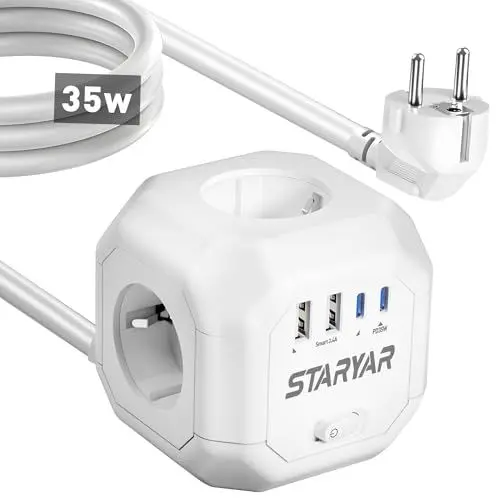 Produktbild: PD35W Steckdosenwürfel, 4 Fach Würfel Mehrfachsteckdose 4000W Steckdosenleiste mit USB,Mehrfachstecker mit Schalter,Steckdose Cube Steckdosenadapter Powercube Ladegerät für Büro,2M Verlängerungskabel