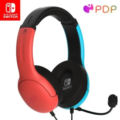 Produktbild: PDP Gaming LVL40 Stereo Kopfhörer mit Mic für Nintendo Switch - PC, iPad, Mac, Laptop Compatible - Noise Cancelling Microphone, Lightweight, Soft Komfort On Ear, 3.5 mm Jack - neon Blau-Rot