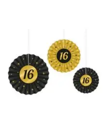 Produktbild: PD-Party - Papierfächer für 16. Geburtstag - Deko Geburtstag - Jubiläum Dekoration - Schwarz Gold Deko - Party Deko - 16. Geburtstag Junge & Mädchen - Fächer Geburtstag - 3 Stück