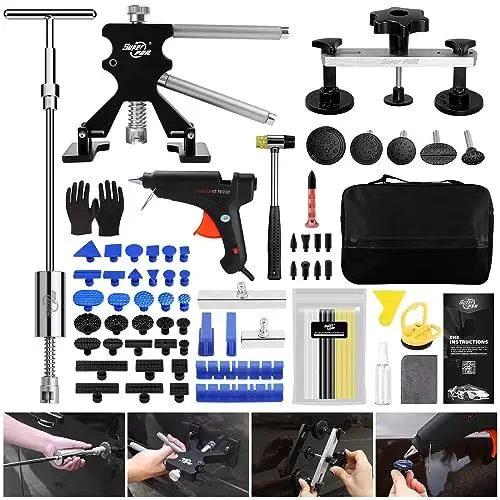 Produktbild: PDR TOOLS Dellen Ausbeulwerkzeug Set, Paintless Dellen Reparatur Set mit blau Lange Leimabzugslaschen,T-Bar Slide Hammer und Dent Lifter für Fahrzeug Dellen/Tür Dings/Hagel Schaden Entfernen