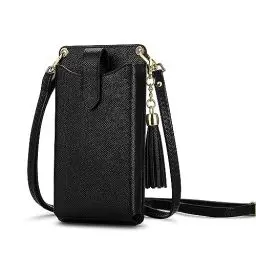 Produktbild: Peacocktion Handytasche zum Umhängen, Kleine Umhängetasche Damen, Crossbody Handytasche Geldbörse, Handy Umhängetasche mit Kartenfächer, Crossbody Tasche für Damen, 03-Schwarz Litchi Quaste