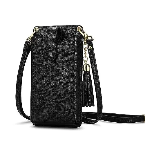 Produktbild: Peacocktion Handytasche zum Umhängen, Kleine Umhängetasche Damen, Crossbody Handytasche Geldbörse, Handy Umhängetasche mit Kartenfächer, Crossbody Tasche für Damen, 03-Schwarz Litchi Quaste