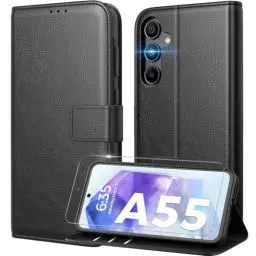 Produktbild: Peakally Handyhülle für Samsung Galaxy A55 5G Hülle (Mit 1 Stück Panzer Schutz Glas) (Premium PU Leder) (RFID-Blockierung) (Kartenfach) (Ständer) Klapphülle kompatibel mit Galaxy A55 - Schwarz