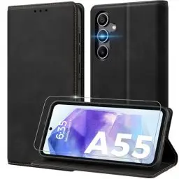 Produktbild: Peakally Handyhülle für Samsung Galaxy A55 5G Hülle (Mit 1 Stück Schutzfolie) (RFID-Blockierung Schutz) (Kartenfach) (Standfunktion) Premium Leder Klapphülle kompatibel mit Samsung A55 - Schwarz