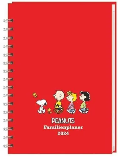 Produktbild: Peanuts Familienplaner Buch A5 2024. Familienkalender mit 5 Spalten. Liebevoll illustrierter Buch-Kalender mit Einstecktasche und Schulferien. Terminplaner mit 160 Seiten.