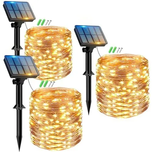 Produktbild: Peasur 3 Stücke Solar Lichterkette Aussen, 3x12M 120 LED Solarlichterkette Außen Wetterfest, 8 Modi IP65 Wasserdicht Kupferdraht Lichterkette Outdoor für Balkon Garten Party Hochzeit Deko, Warmweiß