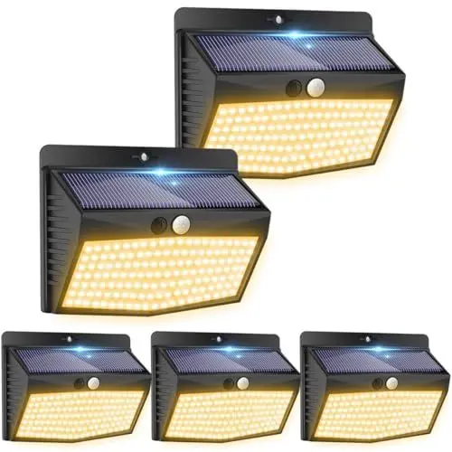 Produktbild: Peasur Warmweiß Solarlampen für außen mit bewegungsmelder (5 Stück), 138 Led Strahler mit Bewegungsmelder Außen 3 Modi, IP65 Wasserdichte Bewegungsmelder Aussen Solar für Garten