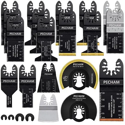 Produktbild: PECHAM 23tlg Multitool Sägeblätter Carbide Hartmetall,Titan-Oszillierende Sägeblätter,Gemischte Kit für hartes Material, Metall/Stahl Nägel/Bolzen/Schrauben Fit die meisten oszillierenden Werkzeuge