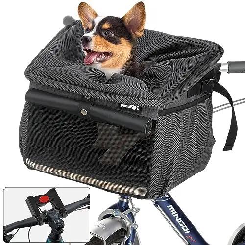 Produktbild: pecute Hundefahrradkorb mit Lenkeradapter, Stabilere Welpenfahrradtasche - 4 in 1 für Rucksack+Schultertasche+Auto-Reiseträger, tragbarer atmungsaktiver Kleiner Hundeträger für Outdoor-Radfahren