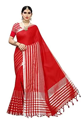 Produktbild: Peegli Saree Damen Sari Baumwolle Seide Gewebt Rot Saree Mit Ungestickter Bluse