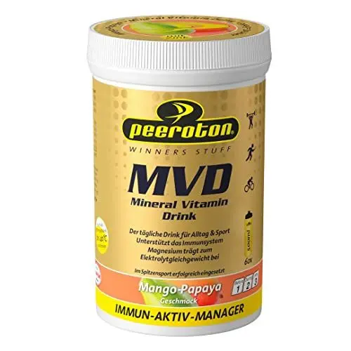 Produktbild: Peeroton MVD Mineral Vitamin Drink - Mango-Papaya, Elektrolyt Pulver mit den 5 wesentlichen Elektrolyten plus Zink, Magnesium und Vitamin C - regelmäßig einnehmen und das Immunsystem stärken, 300g