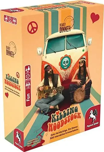 Produktbild: Pegasus Spiele 19012G - Deadly Dinner - Killing Woodstock - Krimi Dinner für Zuhause - 7 bis 10 Spieler - Krimispiele für Erwachsene - Krimidinner Spiel