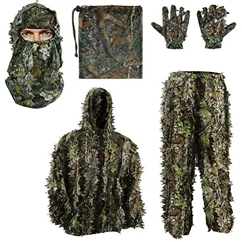 Produktbild: PELLOR 3D Ghillie Tarnanzug, Dschungel Ghillie Suit Woodland Camouflage Anzug Kleidung mit Camouflage Kappen Handschuhe für Jagd Verdeckt,6-teilig (M)