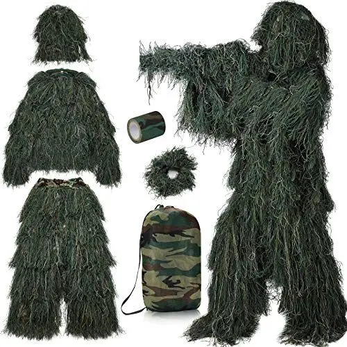 Produktbild: PELLOR 3D Ghillie Tarnanzug Faschingskostüme Männer, 6 Stück Set Tactics Jagdbekleidung Scharfschützenanzug, Selbsthaftend Wiederverwendbare Dschungel Woodland Camouflage Anzug Kleidung Für Jagd
