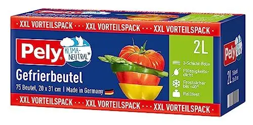 Produktbild: Pely Power Gefrierbeutel 2 Liter, Vorteilspack 75 Gefrierbeutel, gegen Gefrierbrand, Rundumschutz für Aroma und Geschmack