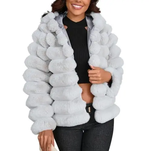 Produktbild: Pelzmantel Damen Kurz Kunstpelz Mantel Winter Mit Kaputze Faux Pelz Winterjacke Damen Warm Kunstfell Oberbekleidung Einfarbig Parka Wintermantel Zipper Felljacke Dicker Fleecejacke Frauen
