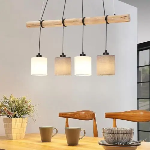 Produktbild: Pendelleuchte Esstisch Holz, Retro Pendellampe Wohnzimmer Hängelampe 4 Flammig Weiß/Grau Stoff Lampenschirm Esstischlampe Modern Hängeleuchte Holzbalken Höhe max 135cm, 4 x E27(ohne Leuchtmittel)