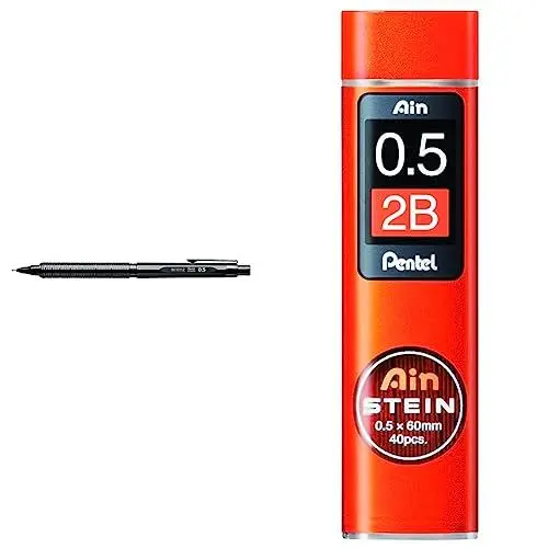 Produktbild: Pentel PP3005-A ORENZNERO Druckbleistift mit automatischem Minenvorschub, bruchsichere Mine, schwarzes Metallgehäuse, 0,5mm & C275-2BO AIN STEIN Feinmine, 0.5 mm, Härtegrad 2B oder 40 Minen